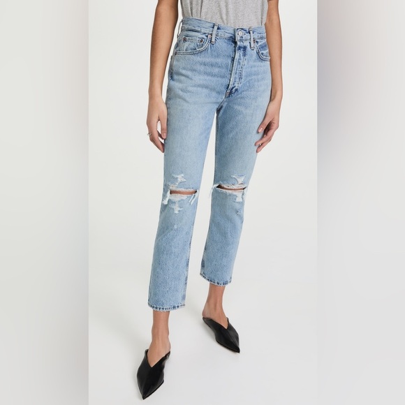 Agolde Riley High Rise Distressed Crop Jeans Blue 30 - Picture 1 of 5